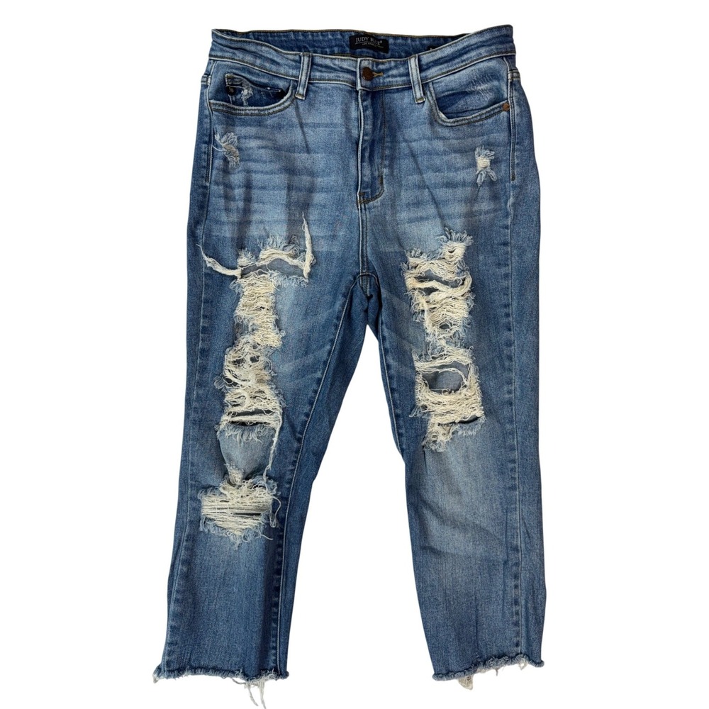 Judy Blue Distressed Boyfriend Fit Jeans Medium Wash Raw Hem 11/30 JB82170LT